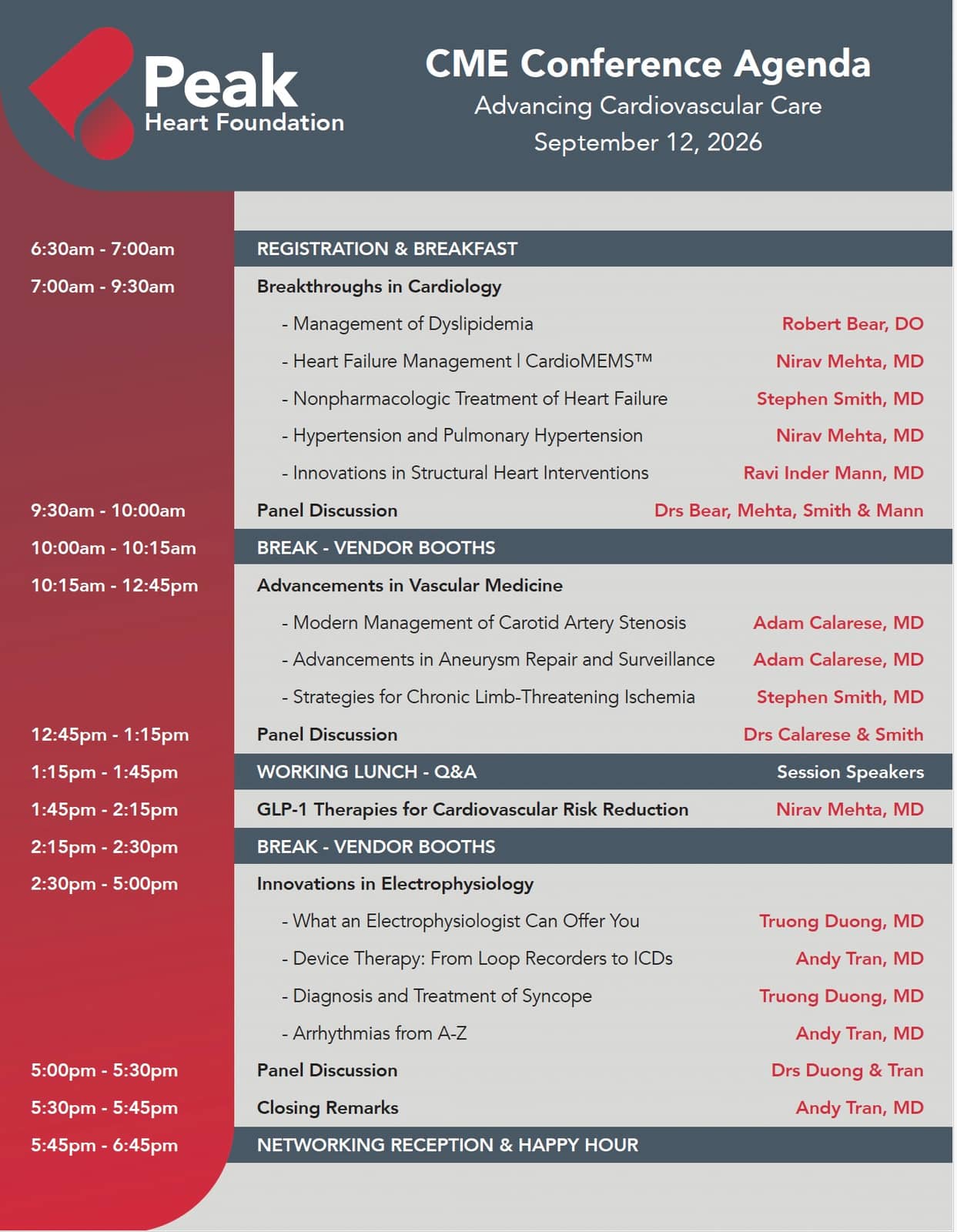 Peak Heart & Vascular CME Conference agenda for Saturday, September 12, 2026, listing the full day's schedule of sessions and speakers.