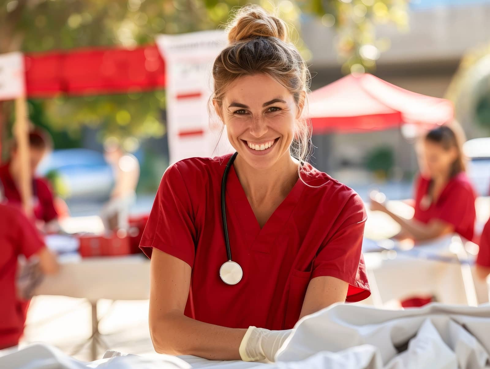 A nurse in red scrubs staffing a community health screening event